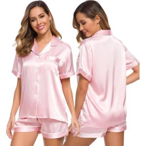 SWOMOG Womens Silk Satin Pajamas Set Short Sleeve Sleepwear Button Down Top and Shorts Loungewear 2 Piece Pjs Set XS-3XL(Light Pink)