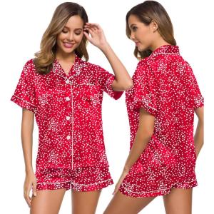 SWOMOG Womens Silk Satin Pajamas Set Short Sleeve Sleepwear Button Down Top and Shorts Loungewear 2 Piece Pjs Set XS-3XL(Lipstick Red Mini Hearts)