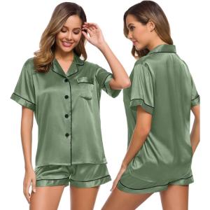 SWOMOG Womens Silk Satin Pajamas Set Short Sleeve Sleepwear Button Down Top and Shorts Loungewear 2 Piece Pjs Set XS-3XL(Matcha)