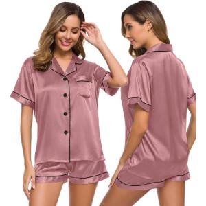 SWOMOG Womens Silk Satin Pajamas Set Short Sleeve Sleepwear Button Down Top and Shorts Loungewear 2 Piece Pjs Set XS-3XL(Misty Rose)