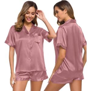 SWOMOG Womens Silk Satin Pajamas Set Short Sleeve Sleepwear Button Down Top and Shorts Loungewear 2 Piece Pjs Set XS-3XL(Misty Rose Solid)