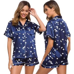 SWOMOG Womens Silk Satin Pajamas Set Short Sleeve Sleepwear Button Down Top and Shorts Loungewear 2 Piece Pjs Set XS-3XL(Moon and Star Navy Blue)