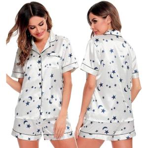 SWOMOG Womens Silk Satin Pajamas Set Short Sleeve Sleepwear Button Down Top and Shorts Loungewear 2 Piece Pjs Set XS-3XL(Moon and Star White)
