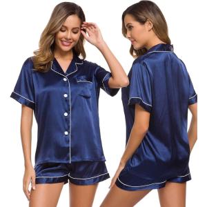 SWOMOG Womens Silk Satin Pajamas Set Short Sleeve Sleepwear Button Down Top and Shorts Loungewear 2 Piece Pjs Set XS-3XL(Navy Blue)