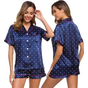 SWOMOG Womens Silk Satin Pajamas Set Short Sleeve Sleepwear Button Down Top and Shorts Loungewear 2 Piece Pjs Set XS-3XL(Navy Blue Dots)