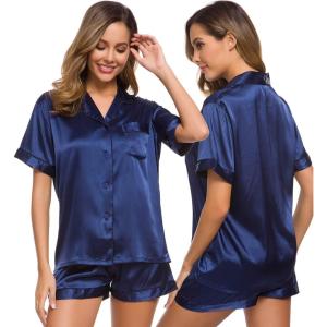 SWOMOG Womens Silk Satin Pajamas Set Short Sleeve Sleepwear Button Down Top and Shorts Loungewear 2 Piece Pjs Set XS-3XL(Navy Blue Solid)