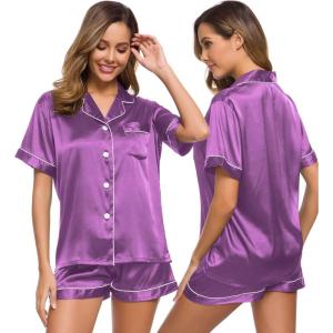 SWOMOG Womens Silk Satin Pajamas Set Short Sleeve Sleepwear Button Down Top and Shorts Loungewear 2 Piece Pjs Set XS-3XL(Orchid)