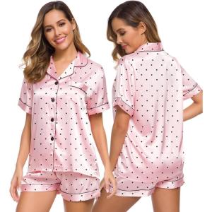 SWOMOG Womens Silk Satin Pajamas Set Short Sleeve Sleepwear Button Down Top and Shorts Loungewear 2 Piece Pjs Set XS-3XL(Pink Dots)