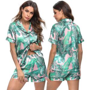 SWOMOG Womens Silk Satin Pajamas Set Short Sleeve Sleepwear Button Down Top and Shorts Loungewear 2 Piece Pjs Set XS-3XL(Pink Leaves)