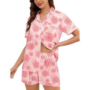 SWOMOG Womens Silk Satin Pajamas Set Short Sleeve Sleepwear Button Down Top and Shorts Loungewear 2 Piece Pjs Set XS-3XL(Pink Rose)