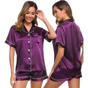 SWOMOG Womens Silk Satin Pajamas Set Short Sleeve Sleepwear Button Down Top and Shorts Loungewear 2 Piece Pjs Set XS-3XL(Purple)