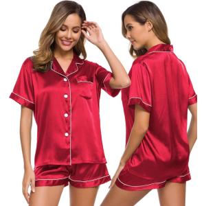 SWOMOG Womens Silk Satin Pajamas Set Short Sleeve Sleepwear Button Down Top and Shorts Loungewear 2 Piece Pjs Set XS-3XL(Red)