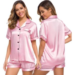 SWOMOG Womens Silk Satin Pajamas Set Short Sleeve Sleepwear Button Down Top and Shorts Loungewear 2 Piece Pjs Set XS-3XL(Rose Pink)