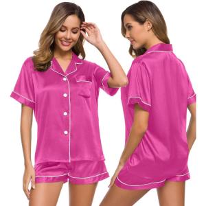 SWOMOG Womens Silk Satin Pajamas Set Short Sleeve Sleepwear Button Down Top and Shorts Loungewear 2 Piece Pjs Set XS-3XL(Rose Red)