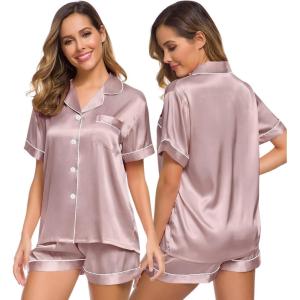 SWOMOG Womens Silk Satin Pajamas Set Short Sleeve Sleepwear Button Down Top and Shorts Loungewear 2 Piece Pjs Set XS-3XL(Shimmering Blush)