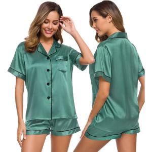 SWOMOG Womens Silk Satin Pajamas Set Short Sleeve Sleepwear Button Down Top and Shorts Loungewear 2 Piece Pjs Set XS-3XL(Smog Green)