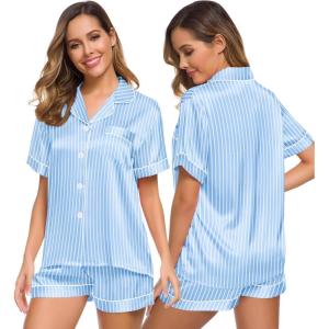 SWOMOG Womens Silk Satin Pajamas Set Short Sleeve Sleepwear Button Down Top and Shorts Loungewear 2 Piece Pjs Set XS-3XL(Striped Blue)