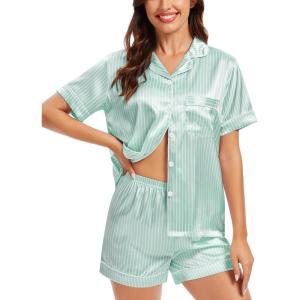 SWOMOG Womens Silk Satin Pajamas Set Short Sleeve Sleepwear Button Down Top and Shorts Loungewear 2 Piece Pjs Set XS-3XL(Striped Green)