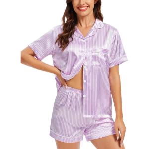 SWOMOG Womens Silk Satin Pajamas Set Short Sleeve Sleepwear Button Down Top and Shorts Loungewear 2 Piece Pjs Set XS-3XL(Striped Purple)