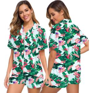 SWOMOG Womens Silk Satin Pajamas Set Short Sleeve Sleepwear Button Down Top and Shorts Loungewear 2 Piece Pjs Set XS-3XL(Tropic)