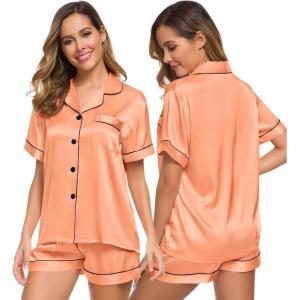 SWOMOG Womens Silk Satin Pajamas Set Short Sleeve Sleepwear Button Down Top and Shorts Loungewear 2 Piece Pjs Set XS-3XL(Vivid Tangerine)