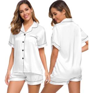 SWOMOG Womens Silk Satin Pajamas Set Short Sleeve Sleepwear Button Down Top and Shorts Loungewear 2 Piece Pjs Set XS-3XL(White)