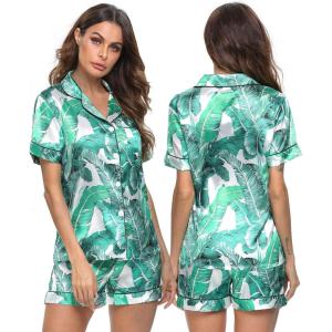 SWOMOG Womens Silk Satin Pajamas Set Short Sleeve Sleepwear Button Down Top and Shorts Loungewear 2 Piece Pjs Set XS-3XL(White Leaves)