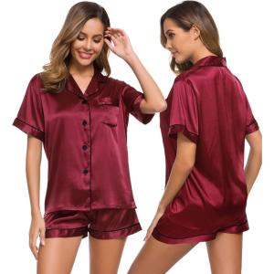 SWOMOG Womens Silk Satin Pajamas Set Short Sleeve Sleepwear Button Down Top and Shorts Loungewear 2 Piece Pjs Set XS-3XL(Wine Red)