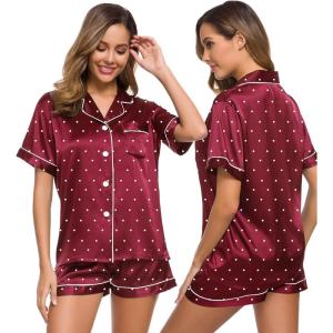 SWOMOG Womens Silk Satin Pajamas Set Short Sleeve Sleepwear Button Down Top and Shorts Loungewear 2 Piece Pjs Set XS-3XL(Wine Red Dots)