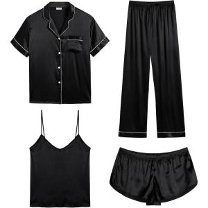 SWOMOG Womens Silk Satin Pajamas Sets 4pcs Sleepwear Sexy Cami Shorts Set and Button Down Short Sleeve Pjs Loungewear(Black)