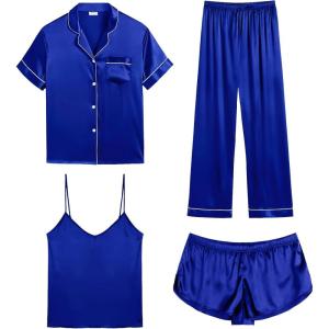 SWOMOG Womens Silk Satin Pajamas Sets 4pcs Sleepwear Sexy Cami Shorts Set and Button Down Short Sleeve Pjs Loungewear(Blue)