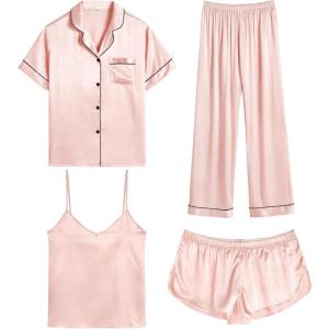 SWOMOG Womens Silk Satin Pajamas Sets 4pcs Sleepwear Sexy Cami Shorts Set and Button Down Short Sleeve Pjs Loungewear(Blush Pink)