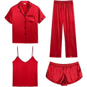 SWOMOG Womens Silk Satin Pajamas Sets 4pcs Sleepwear Sexy Cami Shorts Set and Button Down Short Sleeve Pjs Loungewear(Candy Red)