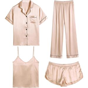 SWOMOG Womens Silk Satin Pajamas Sets 4pcs Sleepwear Sexy Cami Shorts Set and Button Down Short Sleeve Pjs Loungewear(Champagne)