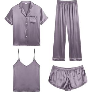 SWOMOG Womens Silk Satin Pajamas Sets 4pcs Sleepwear Sexy Cami Shorts Set and Button Down Short Sleeve Pjs Loungewear(Chestnut)