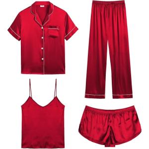 SWOMOG Womens Silk Satin Pajamas Sets 4pcs Sleepwear Sexy Cami Shorts Set and Button Down Short Sleeve Pjs Loungewear(Christmas Red)