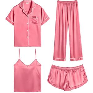 SWOMOG Womens Silk Satin Pajamas Sets 4pcs Sleepwear Sexy Cami Shorts Set and Button Down Short Sleeve Pjs Loungewear(Coral Red)