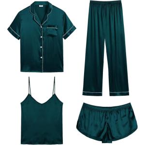 SWOMOG Womens Silk Satin Pajamas Sets 4pcs Sleepwear Sexy Cami Shorts Set and Button Down Short Sleeve Pjs Loungewear(Deep Green)