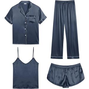 SWOMOG Womens Silk Satin Pajamas Sets 4pcs Sleepwear Sexy Cami Shorts Set and Button Down Short Sleeve Pjs Loungewear(Deep Grey)