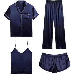 SWOMOG Womens Silk Satin Pajamas Sets 4pcs Sleepwear Sexy Cami Shorts Set and Button Down Short Sleeve Pjs Loungewear(Deep Navy Blue)