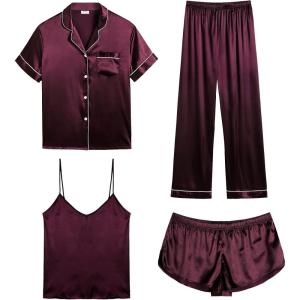 SWOMOG Womens Silk Satin Pajamas Sets 4pcs Sleepwear Sexy Cami Shorts Set and Button Down Short Sleeve Pjs Loungewear(Deep Wine Red)