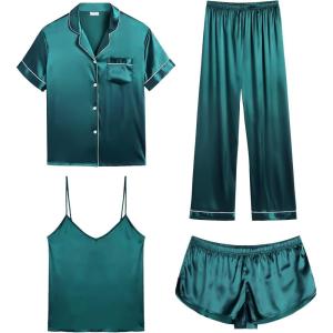SWOMOG Womens Silk Satin Pajamas Sets 4pcs Sleepwear Sexy Cami Shorts Set and Button Down Short Sleeve Pjs Loungewear(Green)