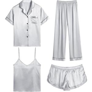 SWOMOG Womens Silk Satin Pajamas Sets 4pcs Sleepwear Sexy Cami Shorts Set and Button Down Short Sleeve Pjs Loungewear(Grey)