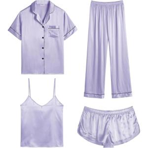 SWOMOG Womens Silk Satin Pajamas Sets 4pcs Sleepwear Sexy Cami Shorts Set and Button Down Short Sleeve Pjs Loungewear(Lavender)