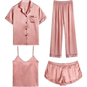 SWOMOG Womens Silk Satin Pajamas Sets 4pcs Sleepwear Sexy Cami Shorts Set and Button Down Short Sleeve Pjs Loungewear(Misty Rose)