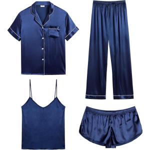 SWOMOG Womens Silk Satin Pajamas Sets 4pcs Sleepwear Sexy Cami Shorts Set and Button Down Short Sleeve Pjs Loungewear(Navy Blue)