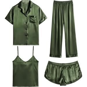 SWOMOG Womens Silk Satin Pajamas Sets 4pcs Sleepwear Sexy Cami Shorts Set and Button Down Short Sleeve Pjs Loungewear(Olive Green)