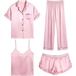 SWOMOG Womens Silk Satin Pajamas Sets 4pcs Sleepwear Sexy Cami Shorts Set and Button Down Short Sleeve Pjs Loungewear(Pink)