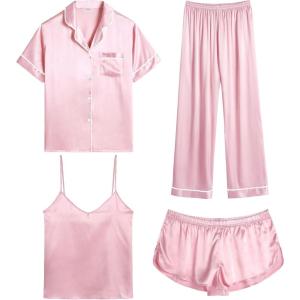 SWOMOG Womens Silk Satin Pajamas Sets 4pcs Sleepwear Sexy Cami Shorts Set and Button Down Short Sleeve Pjs Loungewear(Pink White Piping)
