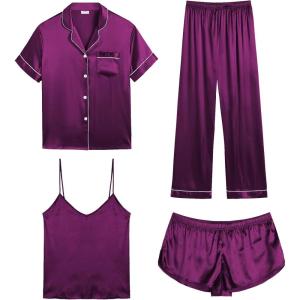 SWOMOG Womens Silk Satin Pajamas Sets 4pcs Sleepwear Sexy Cami Shorts Set and Button Down Short Sleeve Pjs Loungewear(Purple)